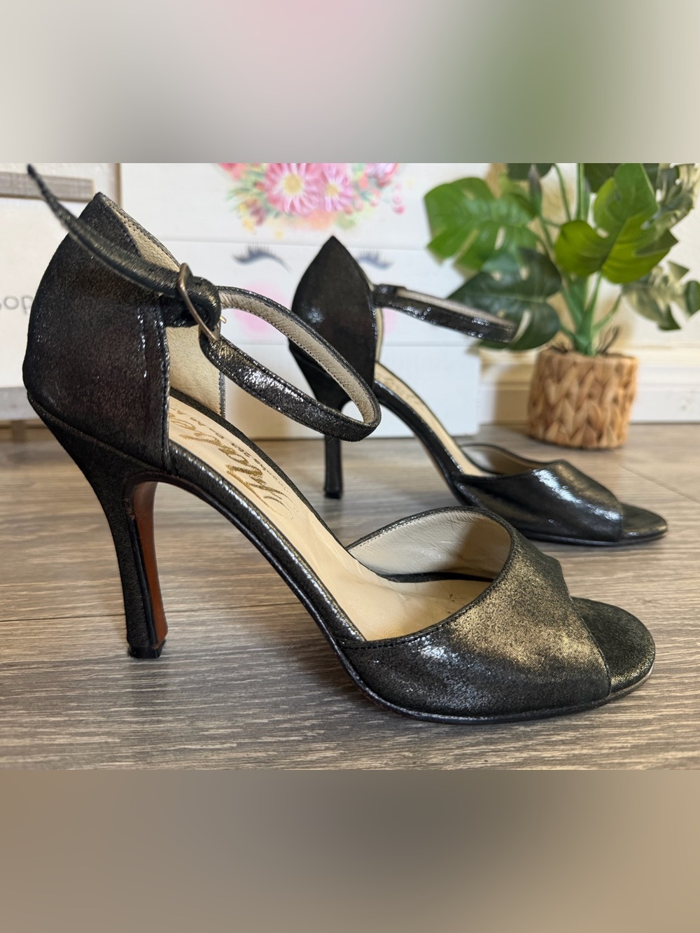 Flabella Handmade Argentine Tango Heels Black Metallic Peep Toe Ankle Strap 8